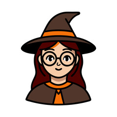 A girl wearing a witch hat and glasses. She is smiling. The hat is brown and orange