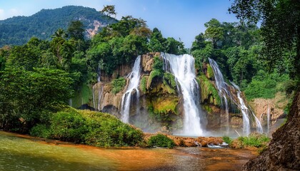 Naklejka premium Majestic Waterfall Cascading Through Lush Rainforest