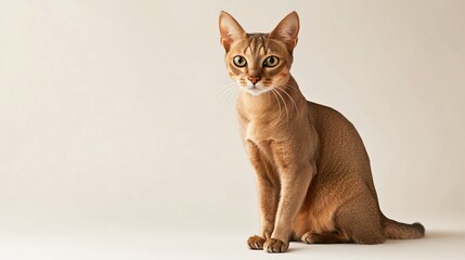 A Chausie cat sitting gracefully on a light solid color background, showcasing its sleek fur and striking features