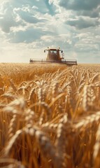 Fototapeta premium combine harvester and golden wheat field harvesting crops, agriculture concept