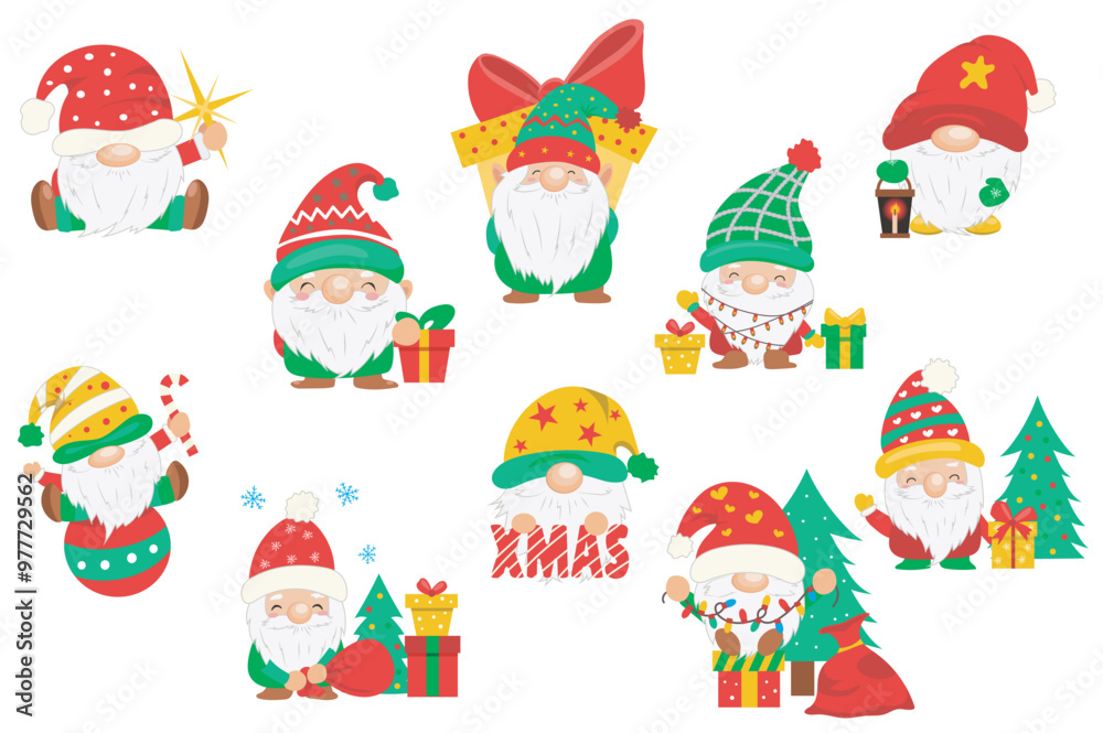 Aufkleber christmas cute gnomes set elements in flat graphic design. bundle objects of funny scandinavian trad