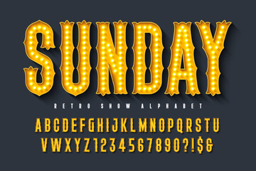Retro circus alphabet design, cabaret, fairy LED lamps letters and numbers.