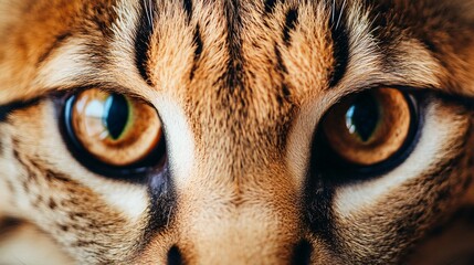 Naklejka premium A close-up of a cheetoh cat's face, capturing its expressive eyes and distinctive markings against a light solid color backdrop