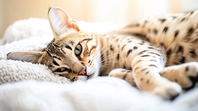 A playful cheetoh cat lounging on a soft blanket, showcasing its unique spotted fur pattern, with a blurred background for emphasis