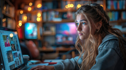A student taking notes while watching an online lecture, with a laptop and study aids on a desk