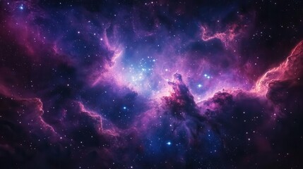 aweinspiring view of a vibrant nebula in deep space swirling clouds of purple and blue cosmic dust interspersed with brilliant stars creating a mesmerizing celestial tapestry