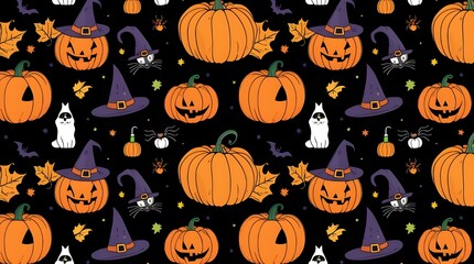 Halloween seamless pattern. Vector background with pumpkin cat witch hat potion. Cute autumn design. Black spooky wallpaper illustration. Scary holiday horror sketch art. Magic halloween pattern print