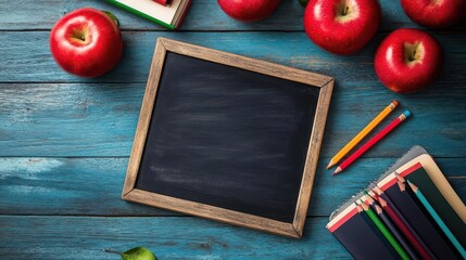 backtoschool still life with vintage chalkboard red apples textbooks and colored pencils arranged on weathered blue wooden surface