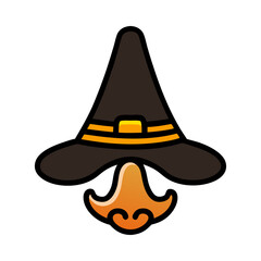 A witch hat with a black brim and orange trim. The hat is drawn in a cartoon style