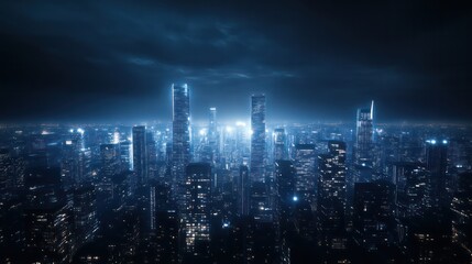 A city skyline at night with the lights of the buildings shining brightly. The city appears to be in a futuristic setting