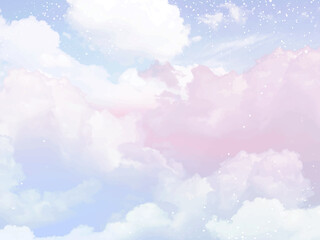Sugar cotton pink clouds vector design background. Glamour fairytale backdrop. Plane sky view with stars and sunset. Watercolor style texture. Delicate card. Elegant decoration. Fantasy pastel color