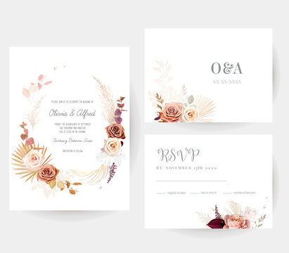Flower and dried plants vector design frames. Wedding watercolor flowers. Magnolia, brown pink rose, pampas grass, dried palm leaves, burgundy anthurium card. All elements are isolated and editable