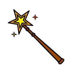 A wooden wand with a star on it. The wand is pointing upwards