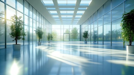 Bright and airy modern interior with large windows, reflecting light and greenery, creating a serene atmosphere.