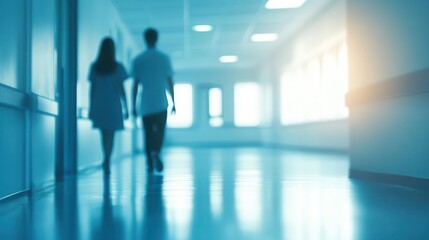 blurred silhouettes of doctor and nurse in hospital corridor abstract photo