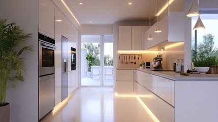 A kitchen with a white countertop and white cabinets. The kitchen has a modern design with a potted plant in the corner
