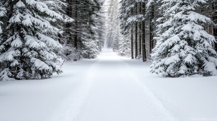 Obraz premium A snow covered forest with a path through it. The trees are bare and the snow is deep