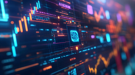 3D render of a stock market graph showing sharp upward growth with green arrows and digital data points.


