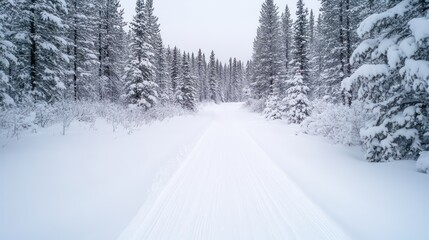 A snow covered road with trees in the background. The road is empty and quiet