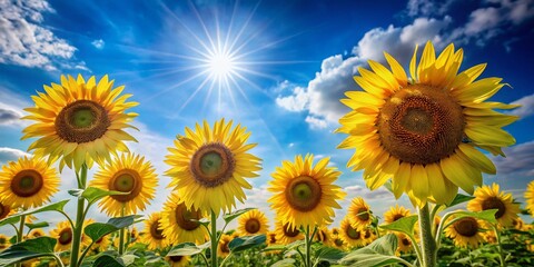 Obraz premium Vibrant yellow sunflowers stretch towards the sky, their bright petals shining like rays of sunshine against a soft,