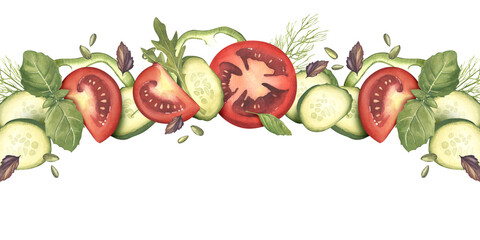 Vegetables cut into slices with herbs. Tomato, cucumber, basil, dill, arugula. Watercolor illustration. Horizontal frame made of farm organic products. Fresh prepared food