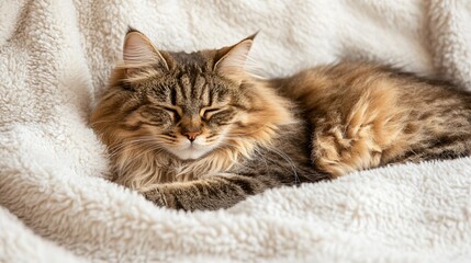 A fluffy Domestic Longhair cat lounging on a soft blanket, showcasing its striking fur patterns against a light solid color background