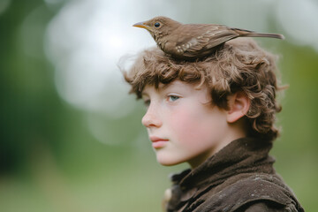 Boy with Bird on Head in Nature Portrait