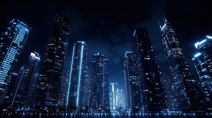 Obraz premium A city skyline at night with the buildings lit up in blue. Scene is serene and peaceful, as the city is quiet and calm at night