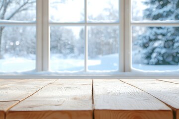 A serene winter scene viewed through a window, featuring a snowy landscape and a rustic wooden...