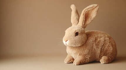 Obraz premium A realistic plush rabbit with long ears, resting on a gentle solid color backdrop, showcasing its lifelike features and vibrant colors