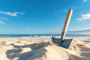 A shiny metal shovel resting in soft sand under a bright blue sky, capturing the essence of a beach adventure.