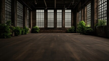 A large, empty room with a lot of windows and plants. The room is very spacious and has a lot of natural light coming in through the windows. The plants add a touch of greenery and life to the room