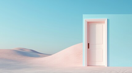 A surreal scene featuring a pastel door set against a serene landscape of soft dunes and clear blue sky, evoking curiosity and imagination.