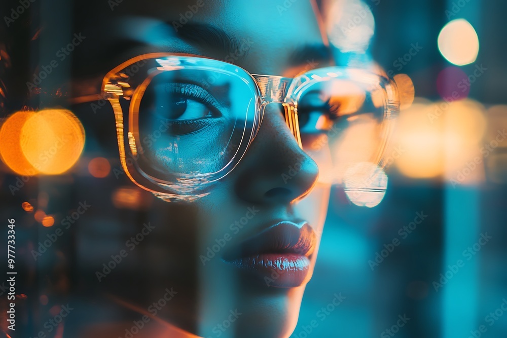 Sticker Woman wearing glasses at night with city lights reflected in them. Closeup portrait of futuristic cyberpunk style female.