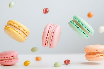 A vibrant assortment of colorful macarons flying against a soft pastel background, perfect for dessert lovers and food enthusiasts.