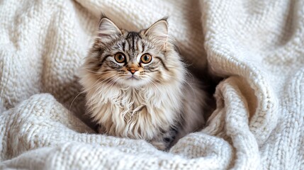 A fluffy dwarf cat with large expressive eyes sitting elegantly on a soft light-colored blanket