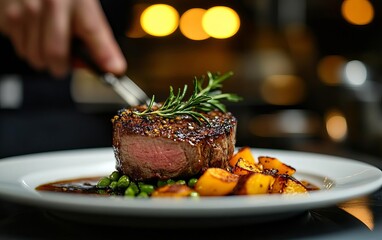 A perfectly cooked steak plated with potatoes and garnished with herbs, showcasing gourmet dining at its finest.