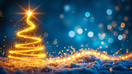 Christmas tree made of golden light in snowy scene with blue bokeh background