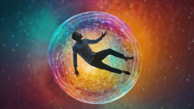 A man in a psychedelic orb as a universe of colors and lights unfolds around him.
