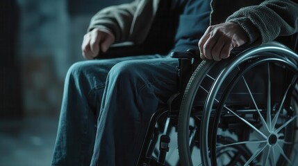 Obraz premium closeup of man in wheelchair with physical disability mobility disorder concept copy space