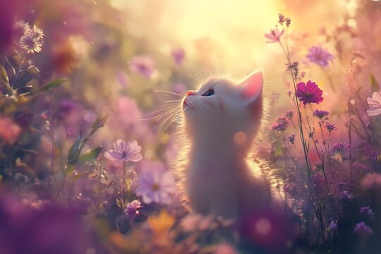 Cute Kitten in a Flower Field with Soft Lighting