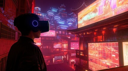 Fototapeta premium A Person Wearing a VR Headset Stands in a Futuristic Asian City