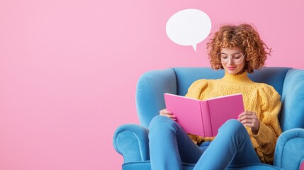 A woman reads a pink book on a blue chair against a pastel pink background, exuding relaxation and creativity.