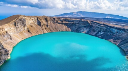 Aerial view of a stunning turquoise lake surrounded by dramatic cliffs and volcanic landscape under...