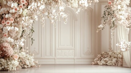 A stunning floral arch with orchids and roses in soft pastel tones, perfect for a romantic wedding setting.