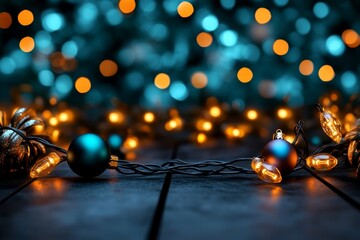 Bokeh background featuring colorful fairy lights twinkling in the distance, creating a festive feel