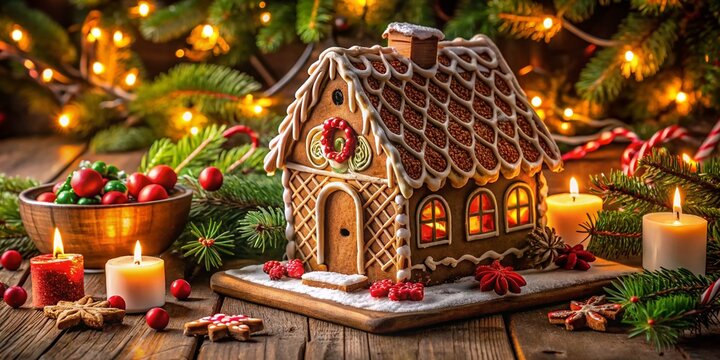 Warmly lit, intricately decorated gingerbread house sits on a wooden table amidst festive holiday decorations,