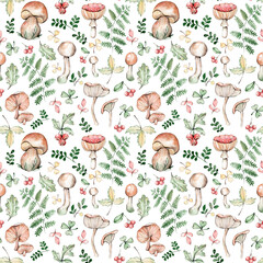 Seamless pattern with mushrooms, leaves and fern