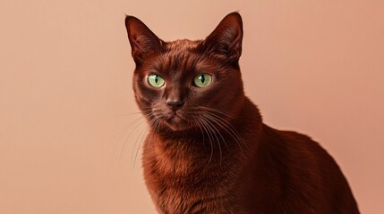 A close-up portrait of a Havana Brown cat with rich chocolate fur, showcasing its bright green eyes and distinctive short coat against a light solid color background