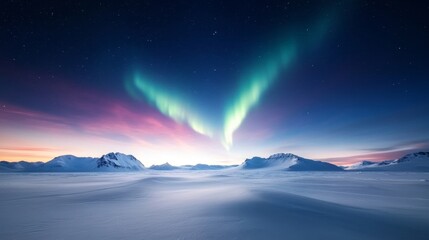 Southern lights, vibrant colors in the night sky, vast icy expanse.